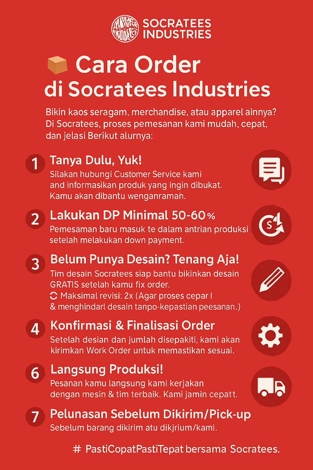 nfografis langkah-langkah pemesanan kaos seragam di Socratees Industries dengan warna merah khas brand.